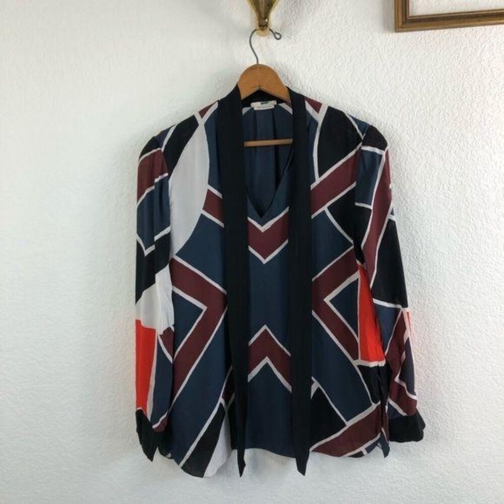 Edun Neck Tie Silk Chevron Abstract Blouse Pop Ove